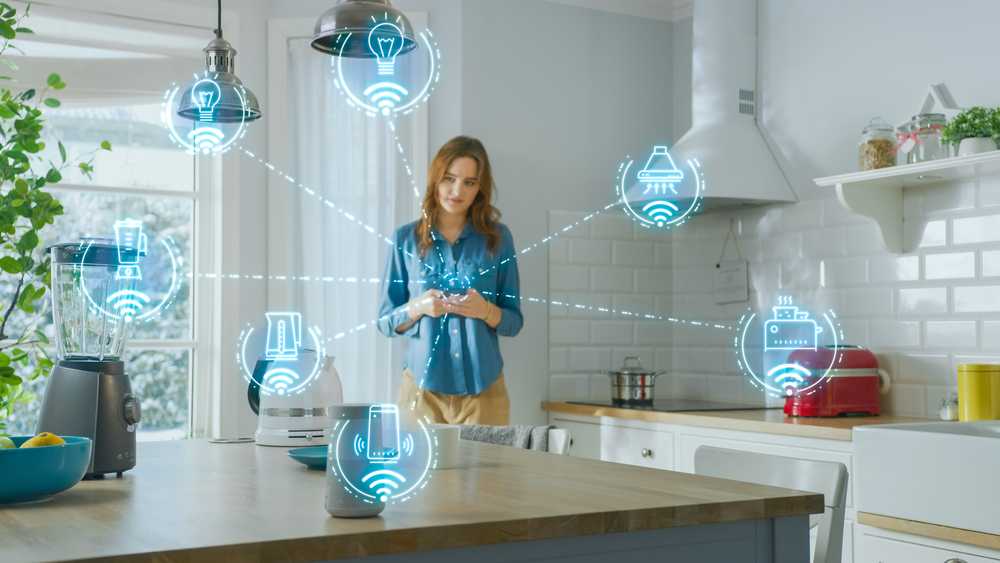 woman securing smart devices in her kitchen